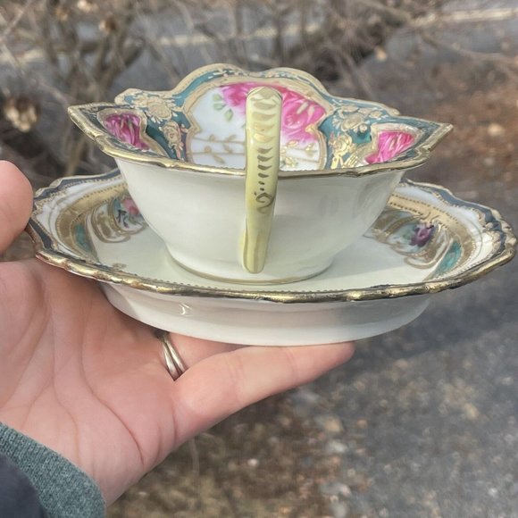 Antique Porcelain Hand Painted Gilt Mayonnaise Sauce Dish w Underplate Victorian - Picture 7 of 16